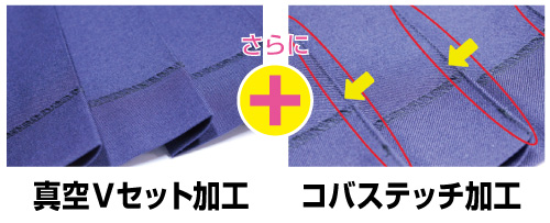 奥ヒダに「コバステッチ」をかけることにより、ご家庭の洗濯機で洗ってもシワになりにくく、プリーツの開きを防止します。